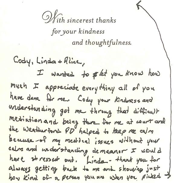 Page 1 of handwritten testimonial from client