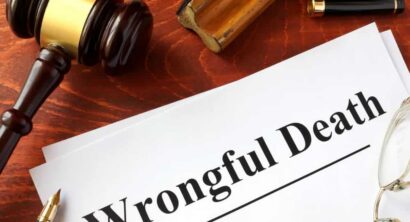 Document with title Wrongful Death o a wooden surface.