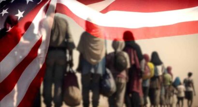A group of migrants and flag of USA