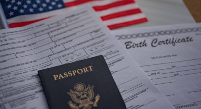 U.S. standard certificate of live birth application form next to American flag, Passport of USA